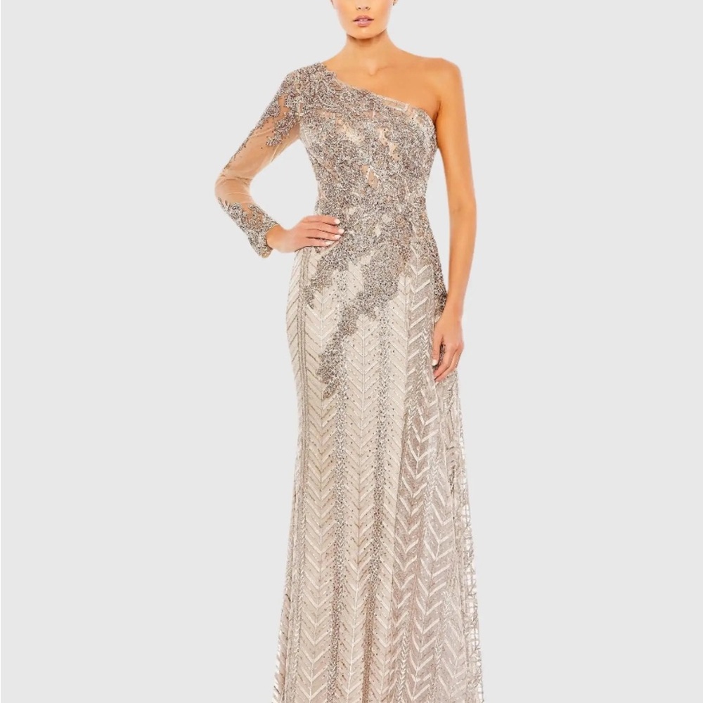 Mac Duggal One-Shoulder Silver Beaded Evening Gown